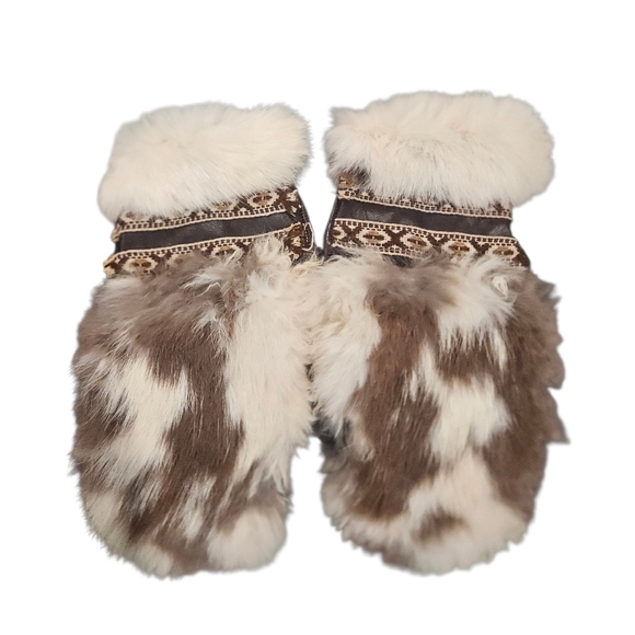 Vintage Accessories - Luxury Vintage Leather & Fur Nordic Mittens Artisan Handmade Winter Gloves.